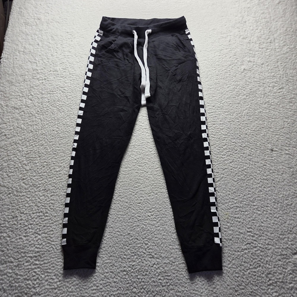 Reflex Pants Mens M Black Fleece Jogger Check Side Stripe Drawstring Pockets